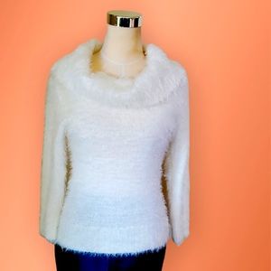 Fuzzy Faux Fur Cowl Neck Sweater White Women's Size S